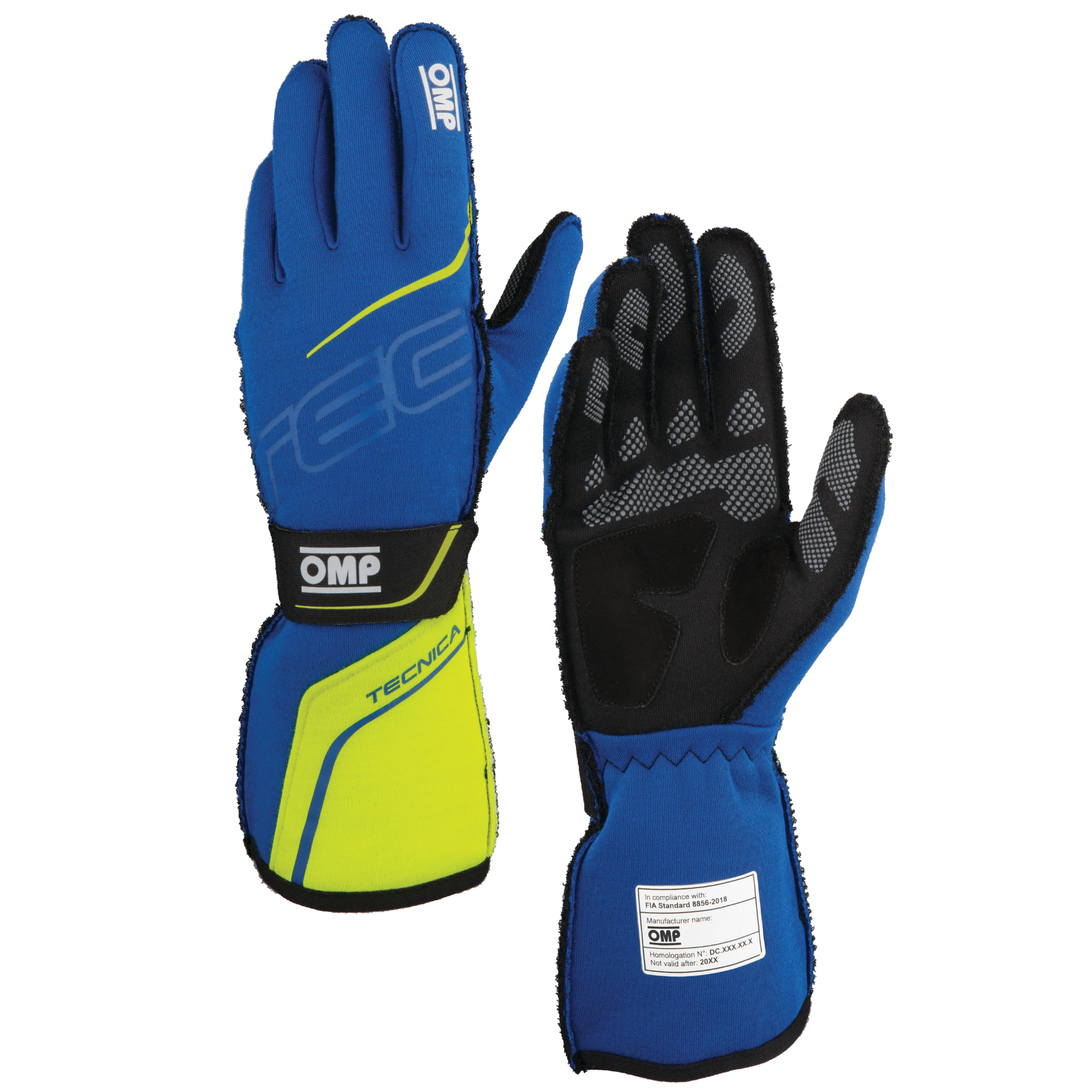 The blue and yellow OMP Tecnica Racing Gloves.