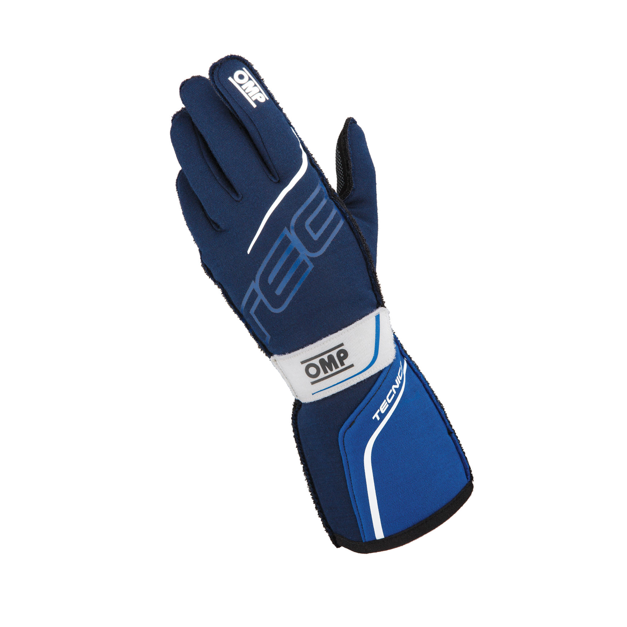 A single navy and blue OMP Tecnica Racing Glove.