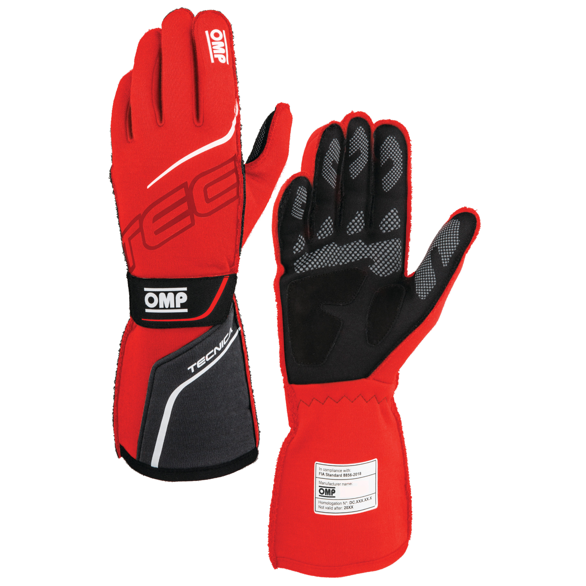 The red and black OMP Tecnica Racing Gloves.