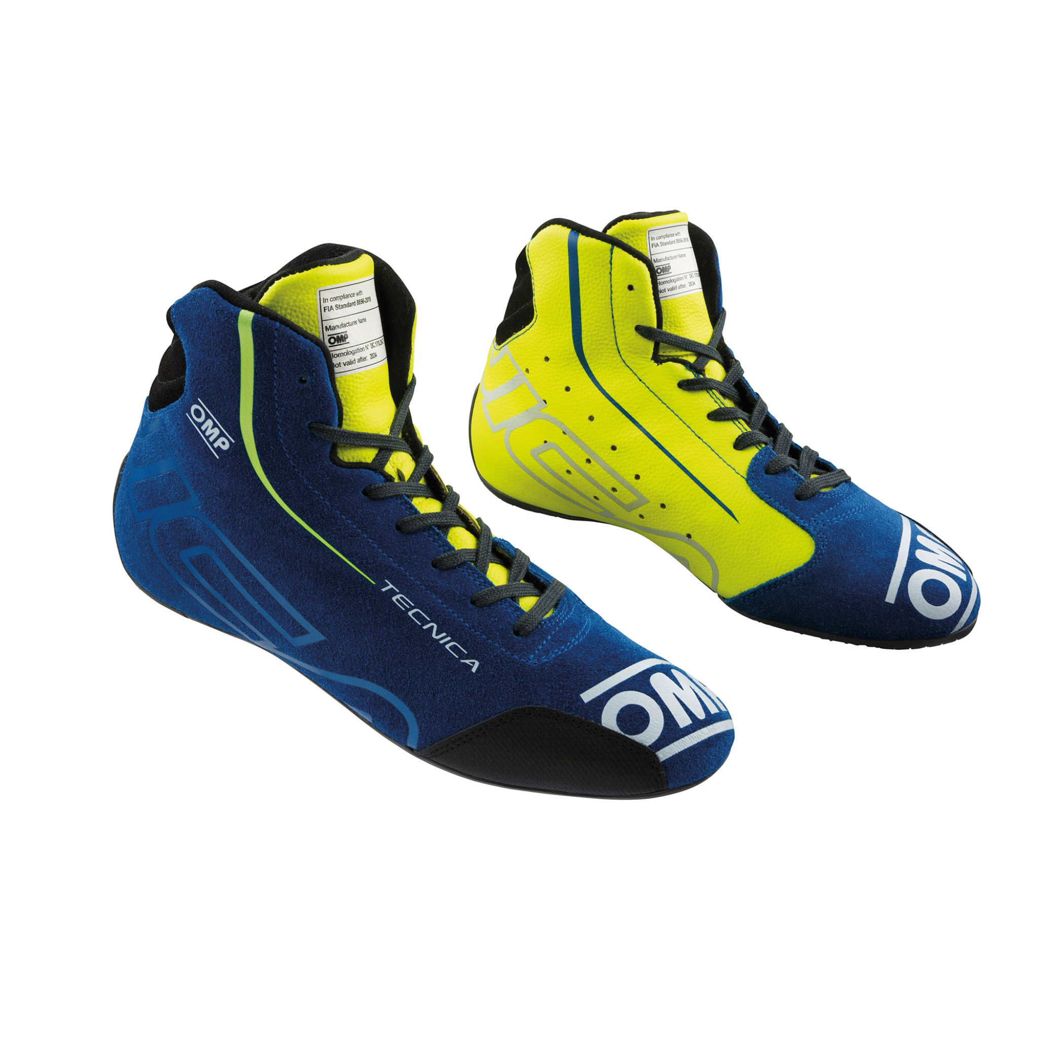 The blue and yellow OMP Tecnica Racing Shoes.