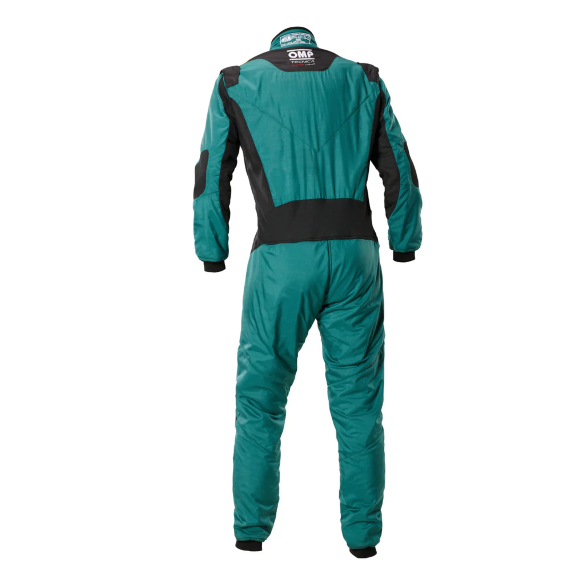 The back of the green OMP Tecnica Super Light Racing Suit.