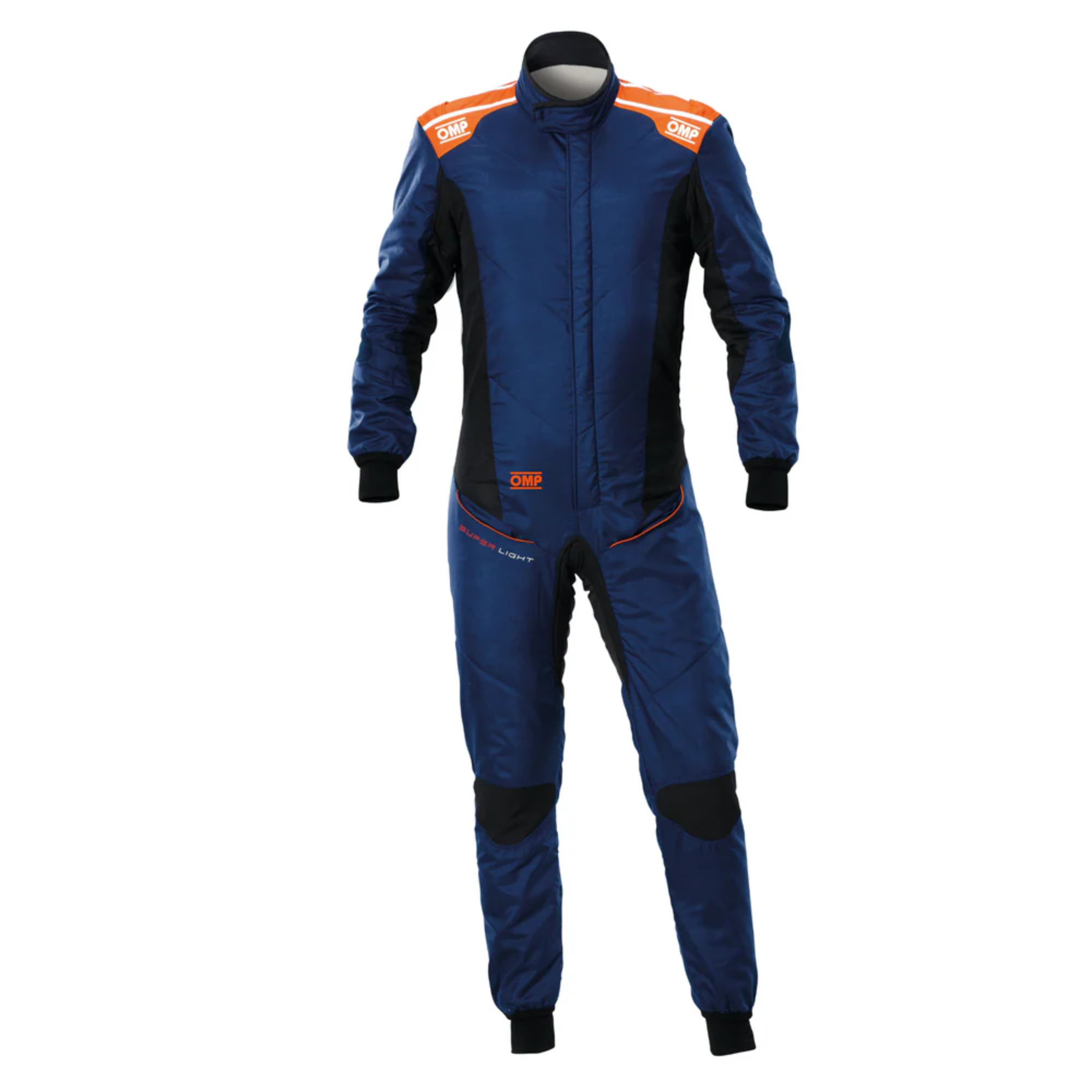 The front of the navy and orange OMP Tecnica Super Light Racing Suit.
