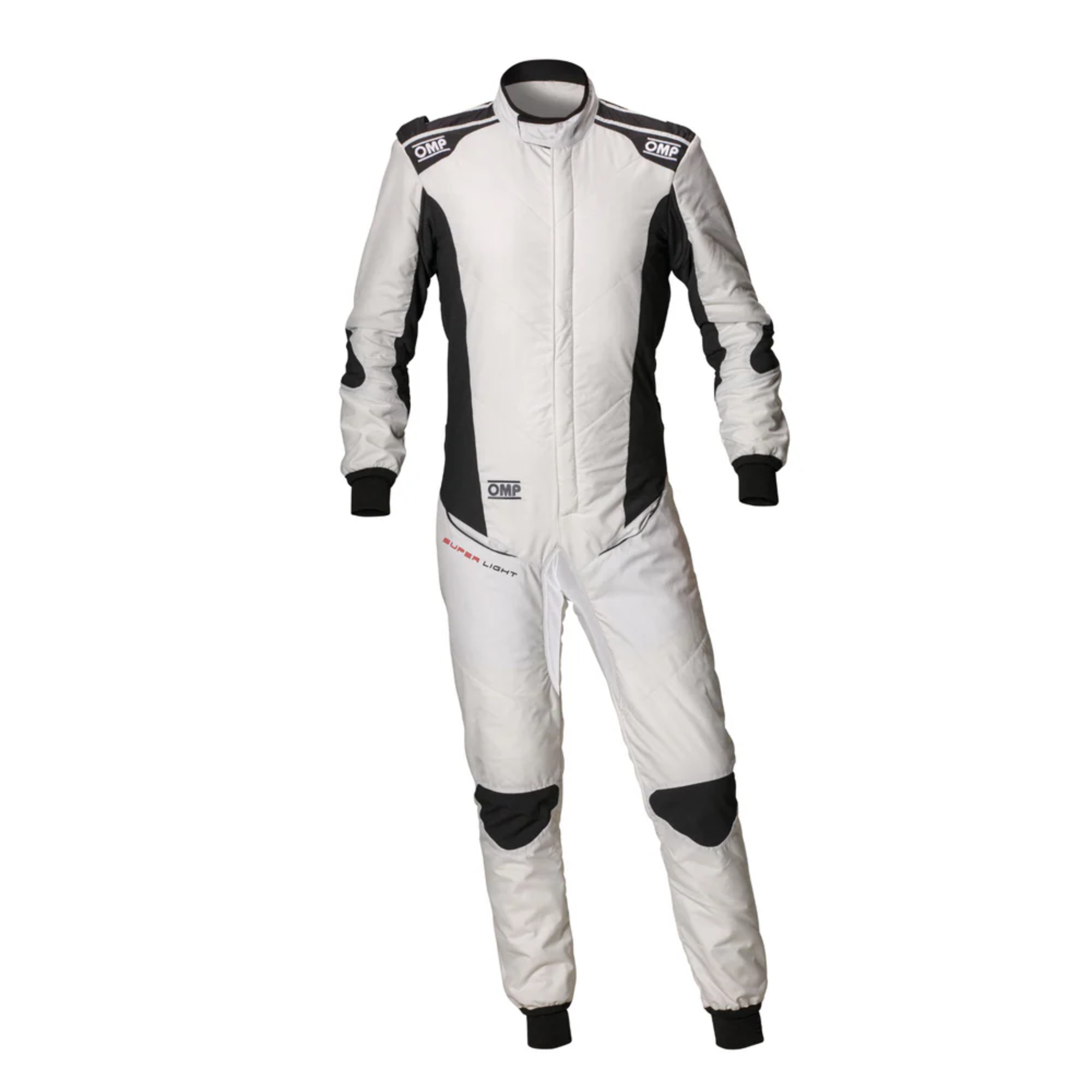 The front of the silver and anthracite OMP Tecnica Super Light Racing Suit.