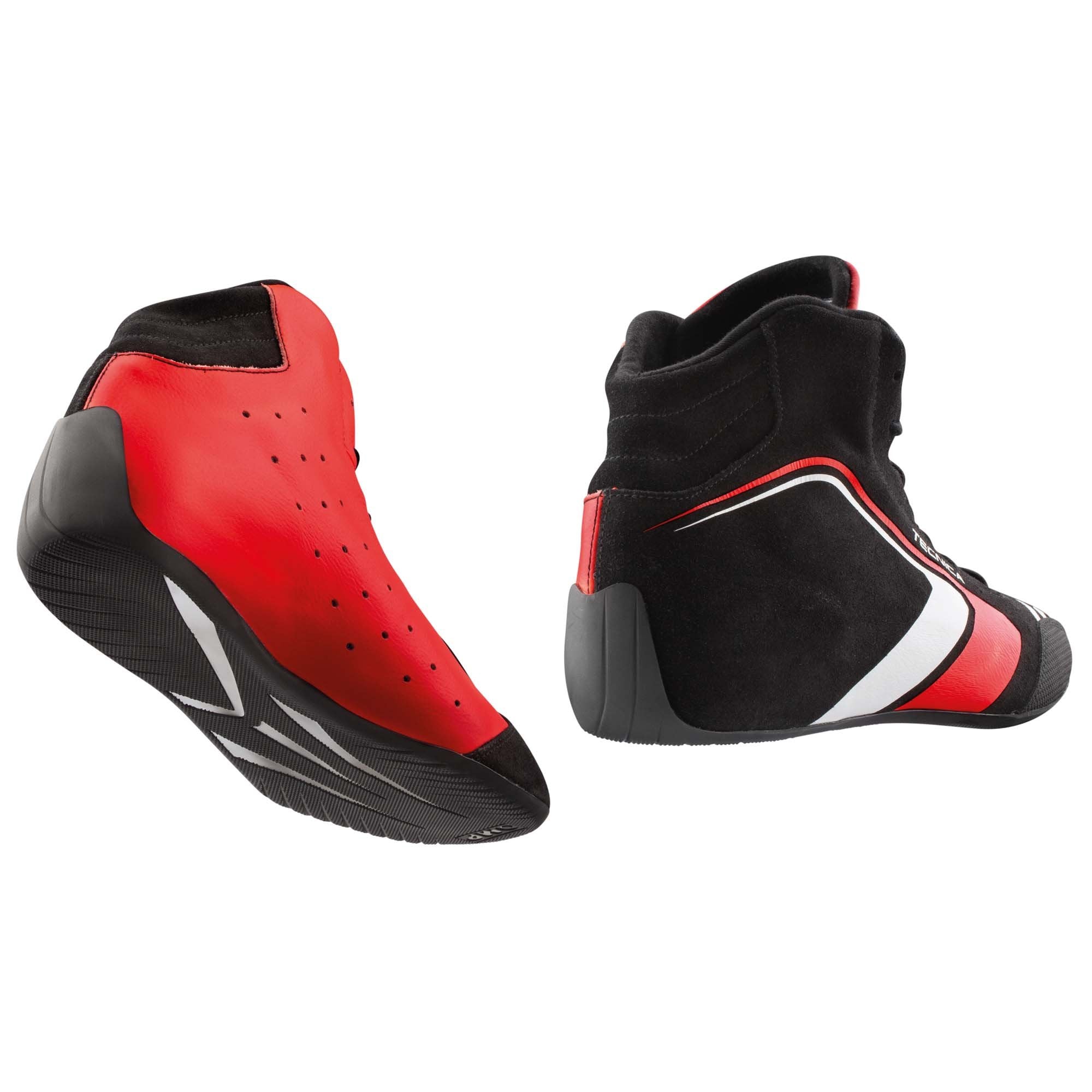 The black and red OMP Tecnica v1 Racing Shoes showing the heel and the sole.