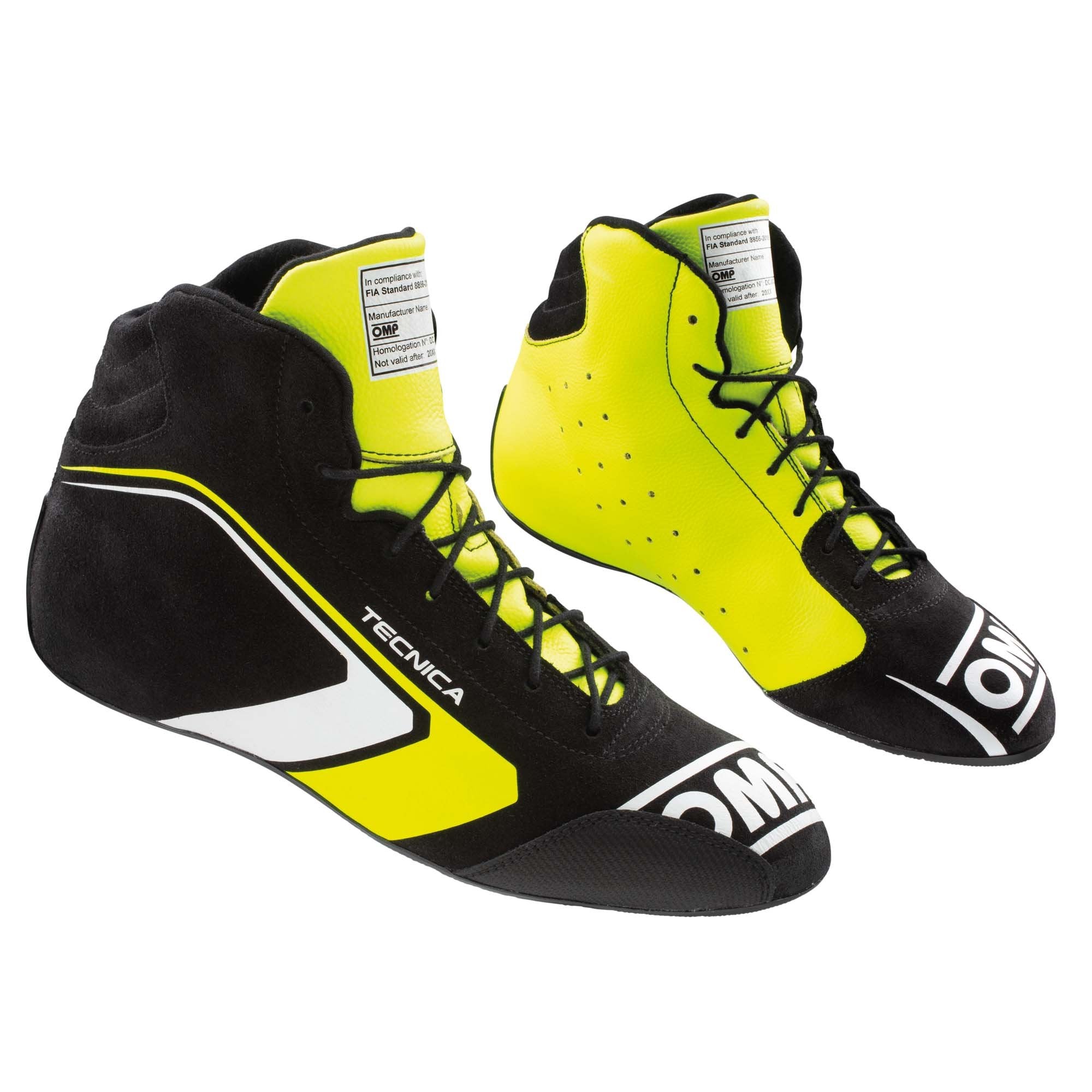 The black and yellow OMP Tecnica v1 Racing Shoes.