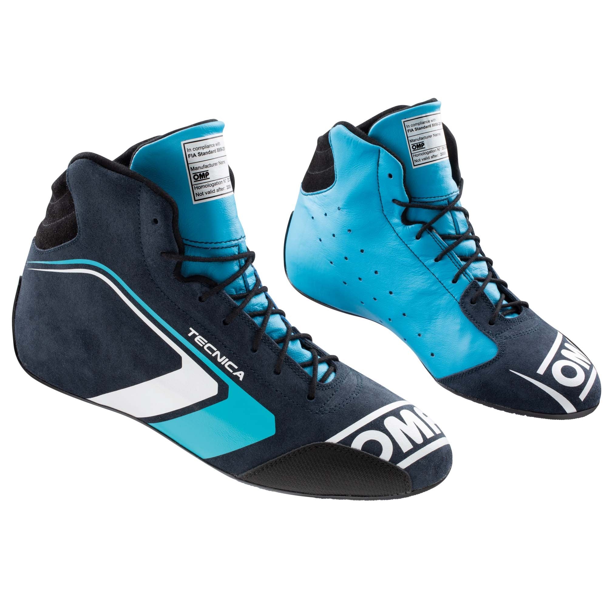 The navy and cyan OMP Tecnica v1 Racing Shoes.