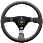 The black leather OMP WRC Steering Wheel with red stitching.