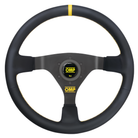 The black leather OMP WRC Steering Wheel with yellow stitching.