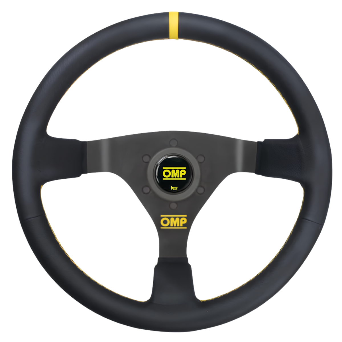 The black leather OMP WRC Steering Wheel with yellow stitching.