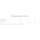 The sizing chart (size guide) for OMP youth racing gloves. all-groups