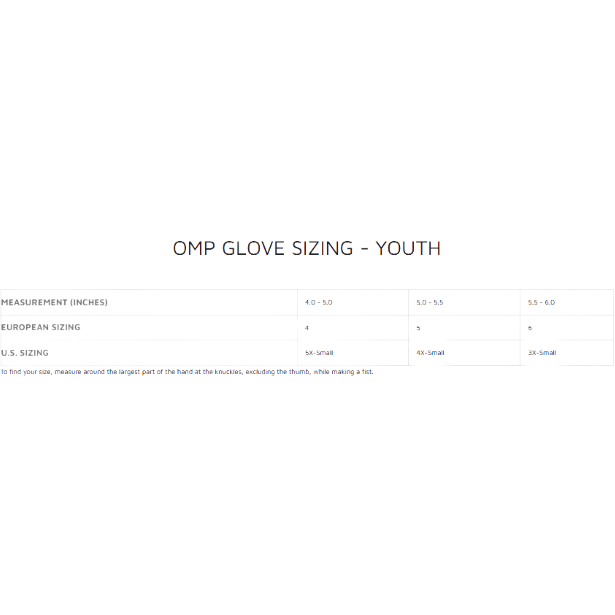 The sizing chart (size guide) for OMP youth racing gloves. all-groups