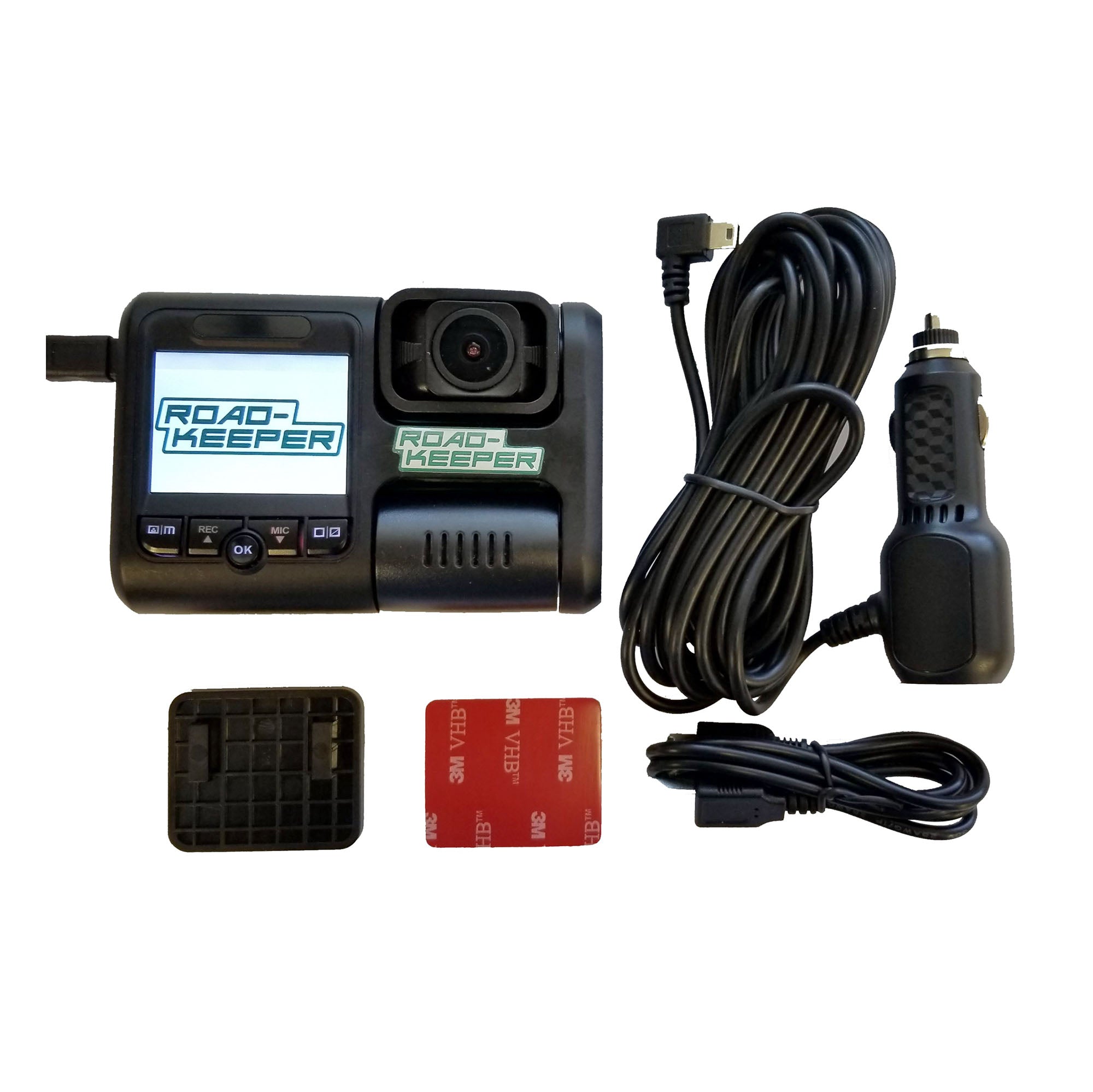 All of the accessories included with the Road-Keeper Dual HD Video Camera.