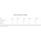The size chart (sizing guide) for Roux helmets. all-groups
