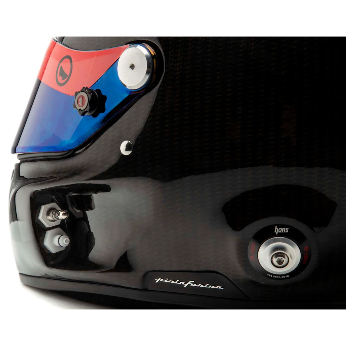 The hans posts of the SA2020 rated Roux Pininfarina Carbon GT Loaded Racing Helmet close up.