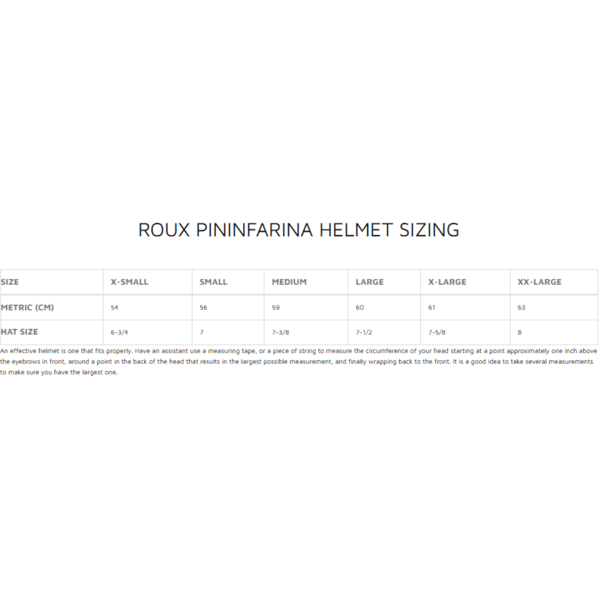 The dimensions for the Roux Pininfarina Racing Helmet. all-groups