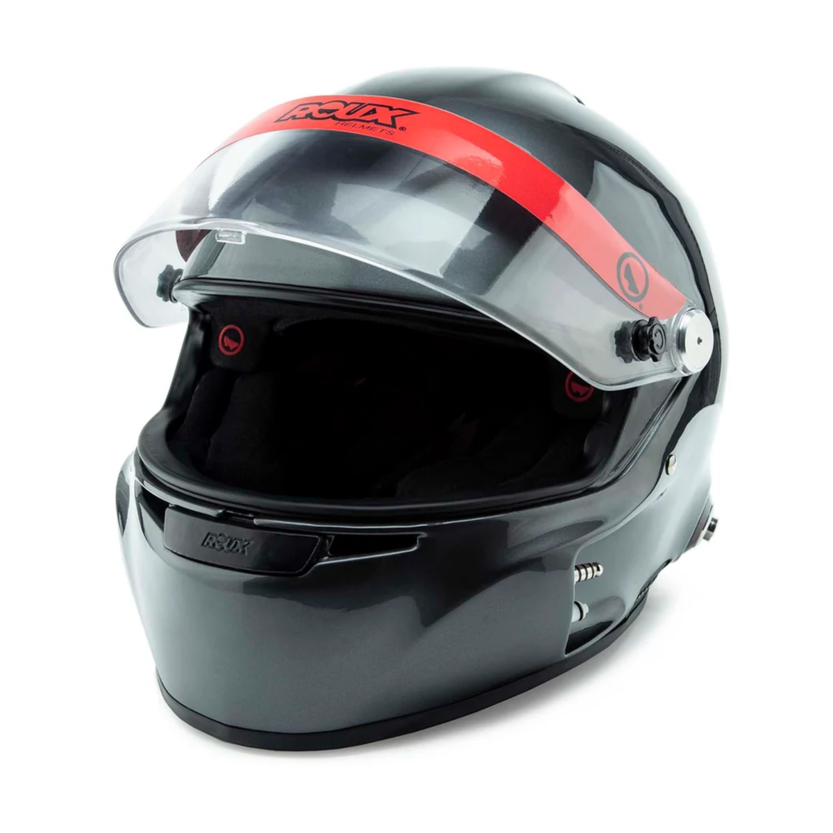 The SA2020 Roux Pininfarina GT Loaded Racing Helmet with its shield open.