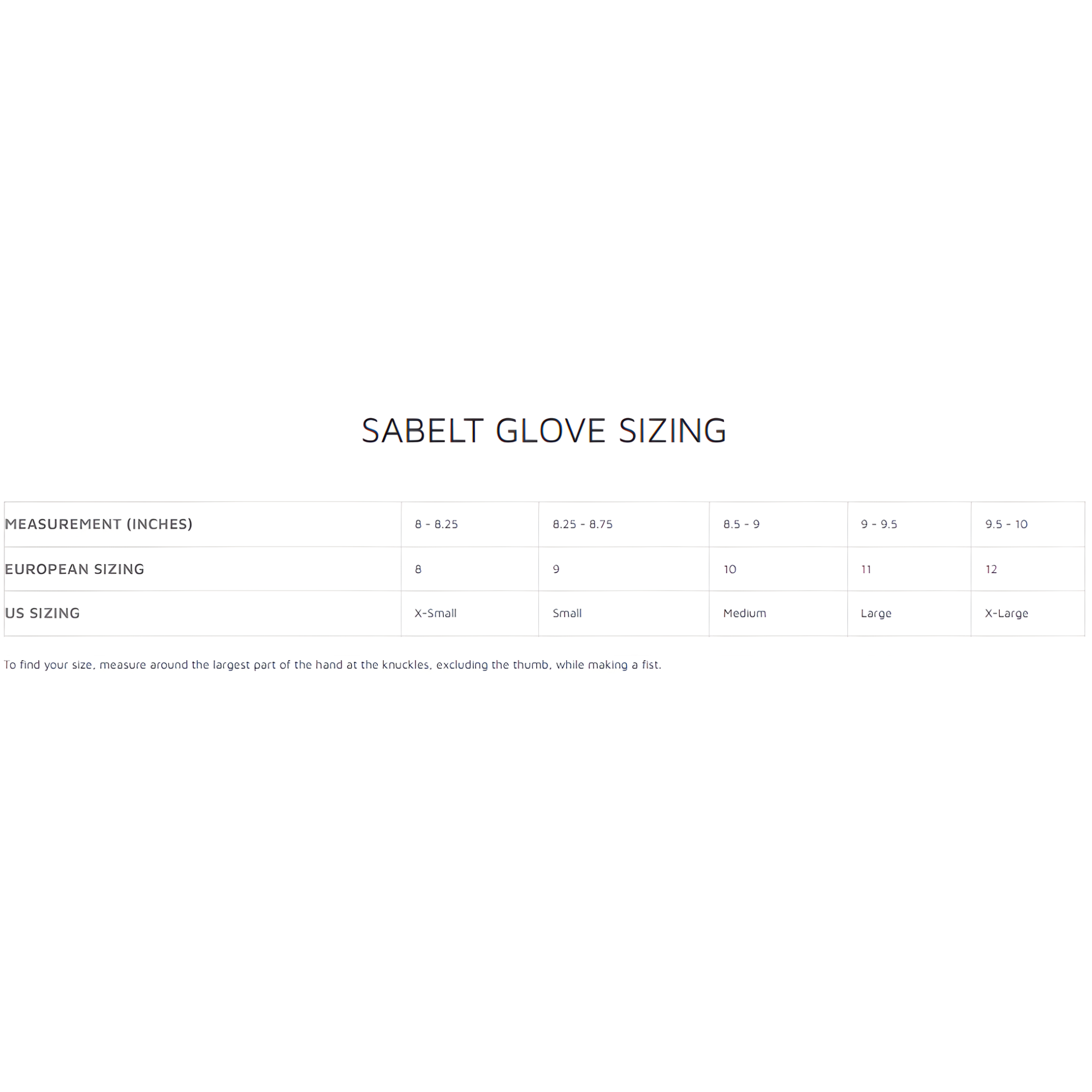 The Sabelt glove sizing chart size guide. all-groups