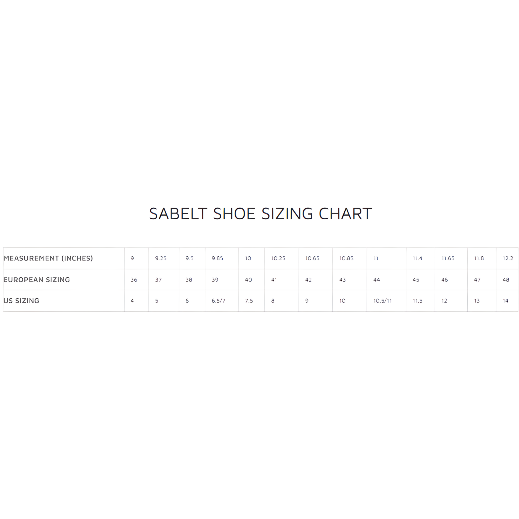 The Sabelt shoe sizing chart size guide. all-groups