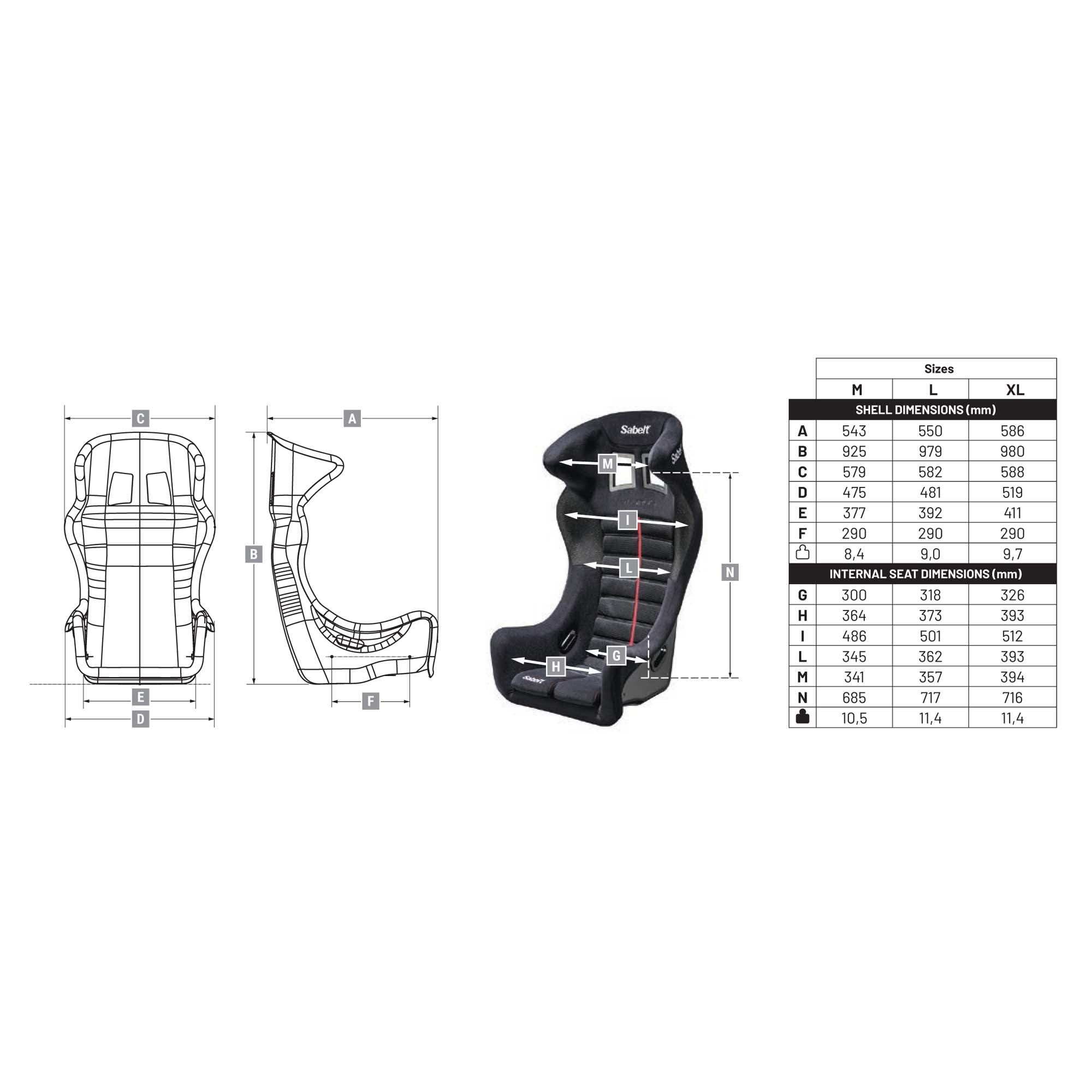 The dimensions of the Sabelt Taurus Fiberglass Racing Seat.