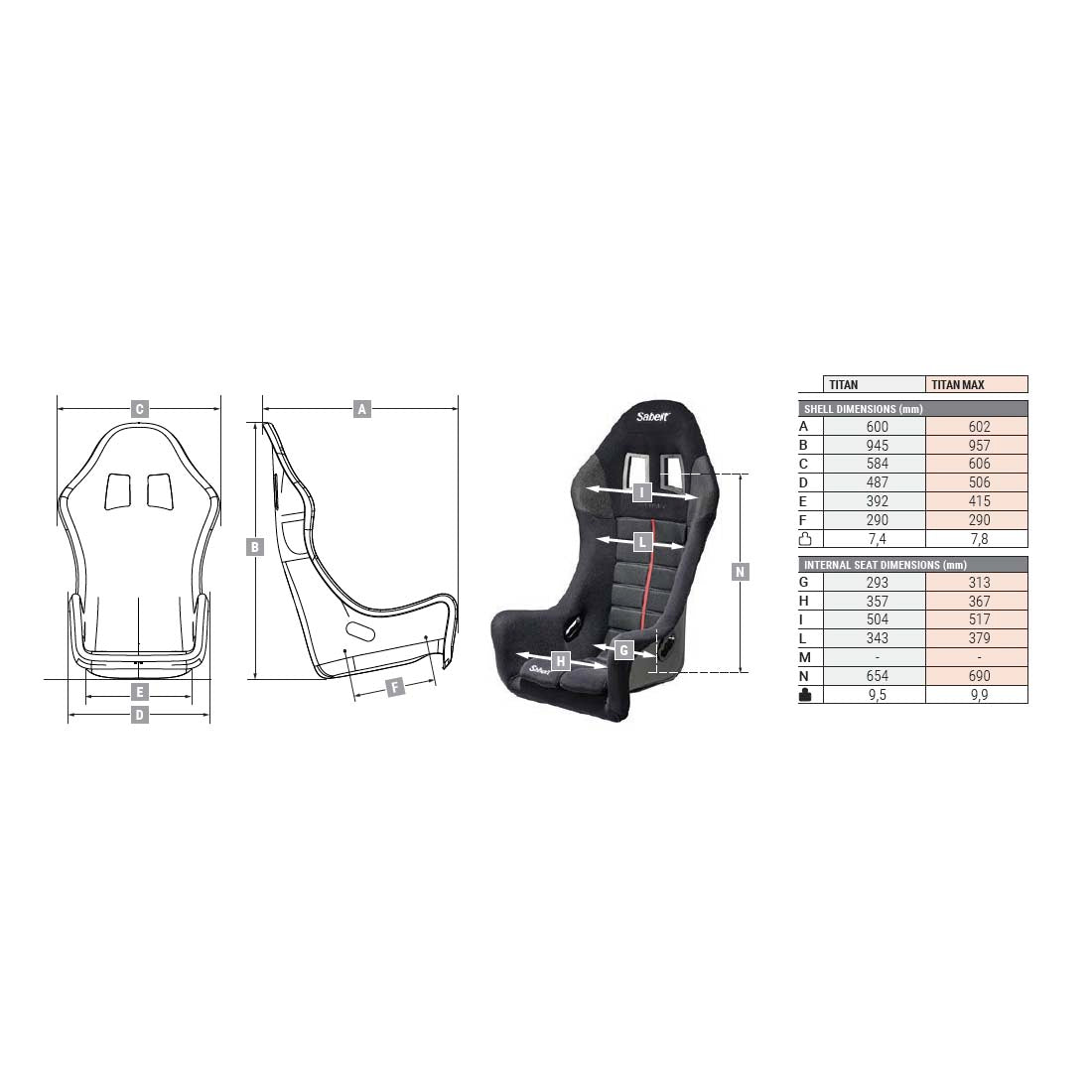 The dimensions of the Sabelt Titan Max Fiberglass Racing Seat.