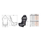 The dimensions of the Sabelt Titan Max Fiberglass Racing Seat.