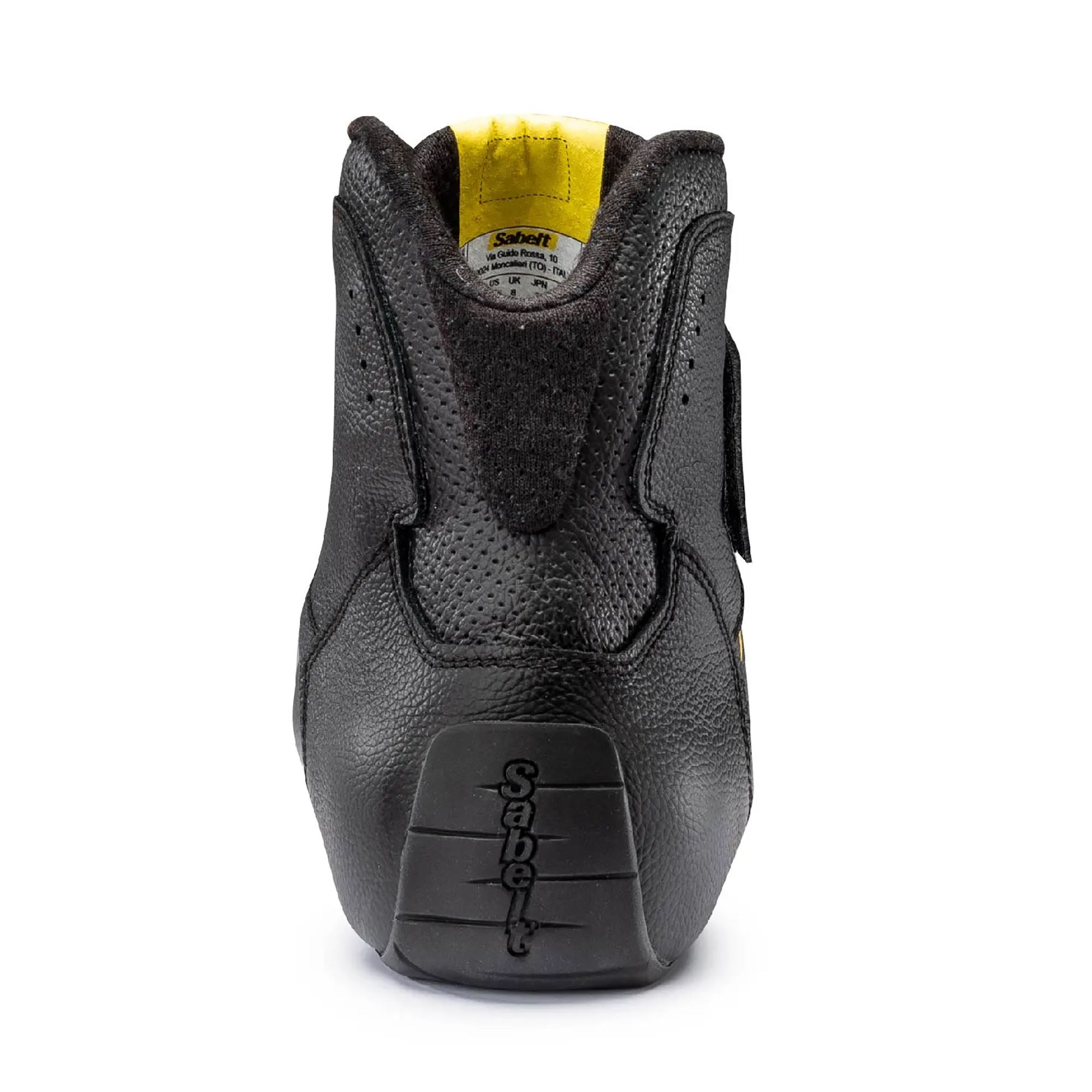 The back of the black Sabelt Universe TB-8 Racing Shoes showing the heel.