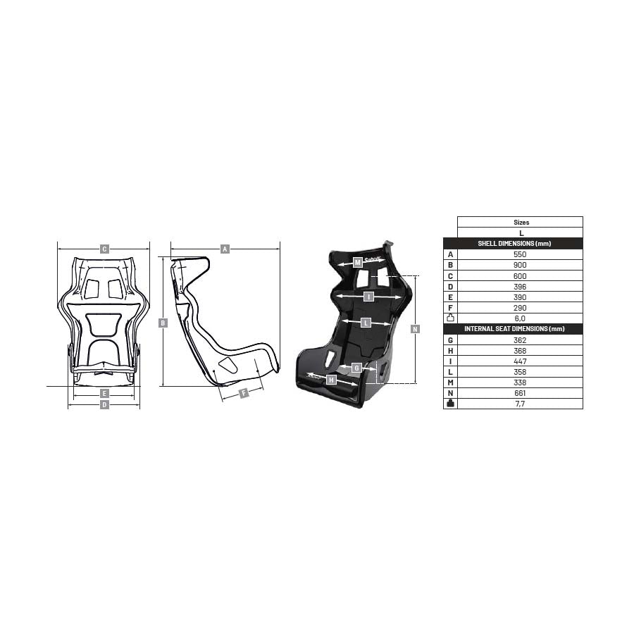 The dimensions of the Sabelt X-Pad FIA Racing Seat.