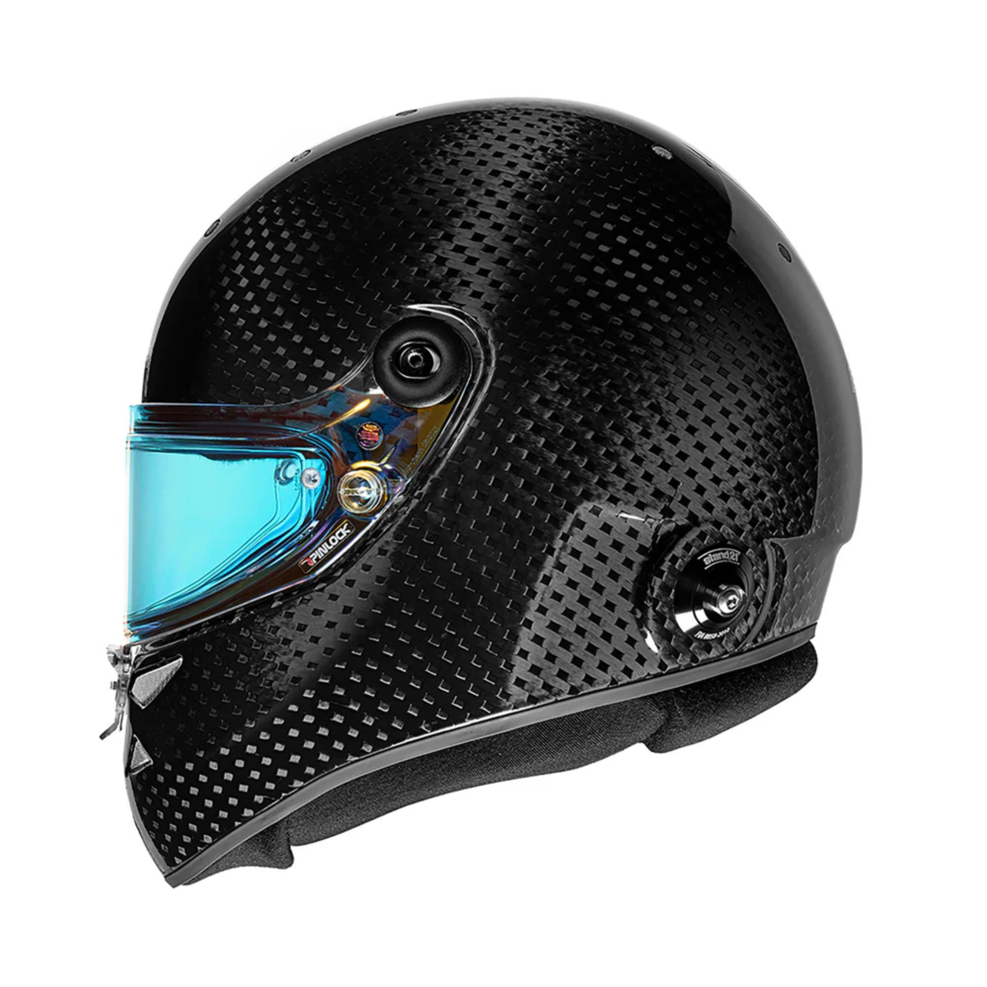 The side of the black Schuberth SF4 Carbon Racing Helmet - FIA8860 from Schuberth.