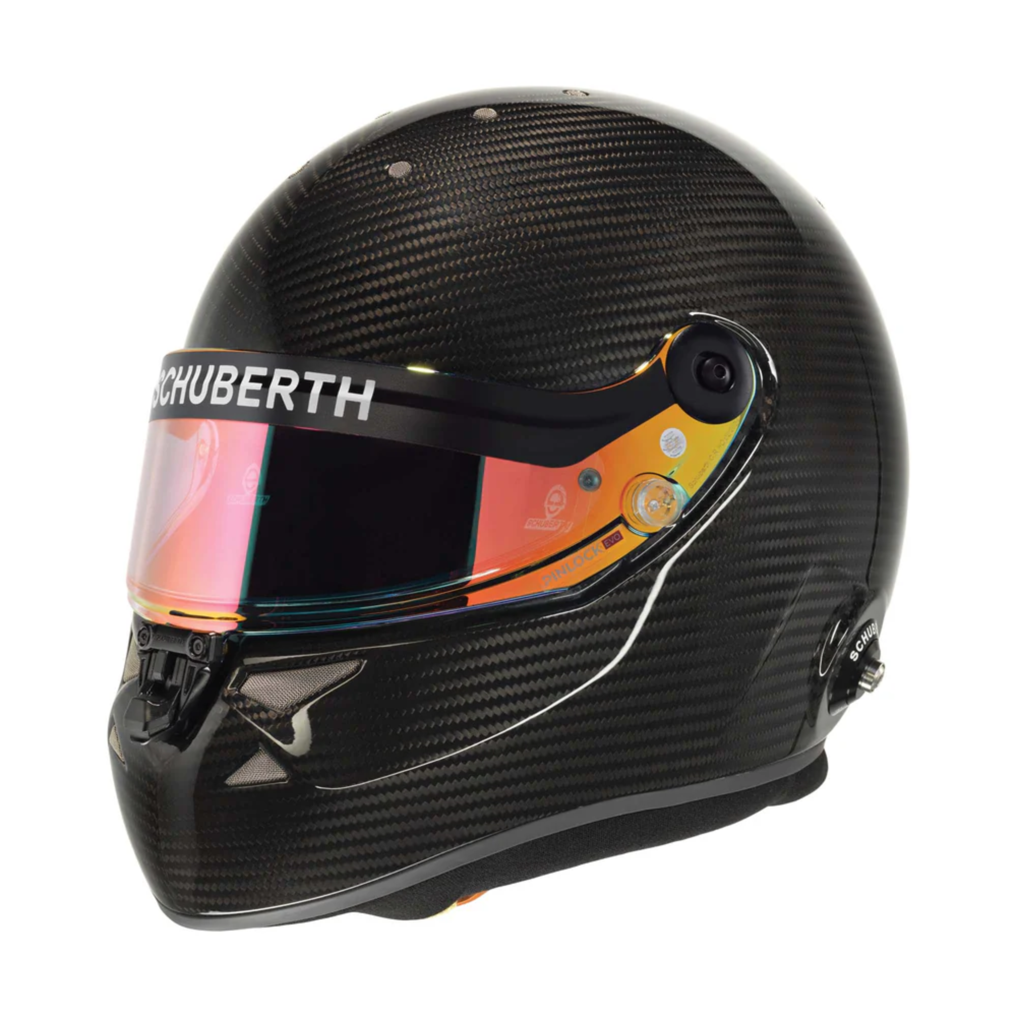 The black carbon fiber Schuberth SP1 Carbon Evo Racing Helmet - SA2025 / FIA8859.