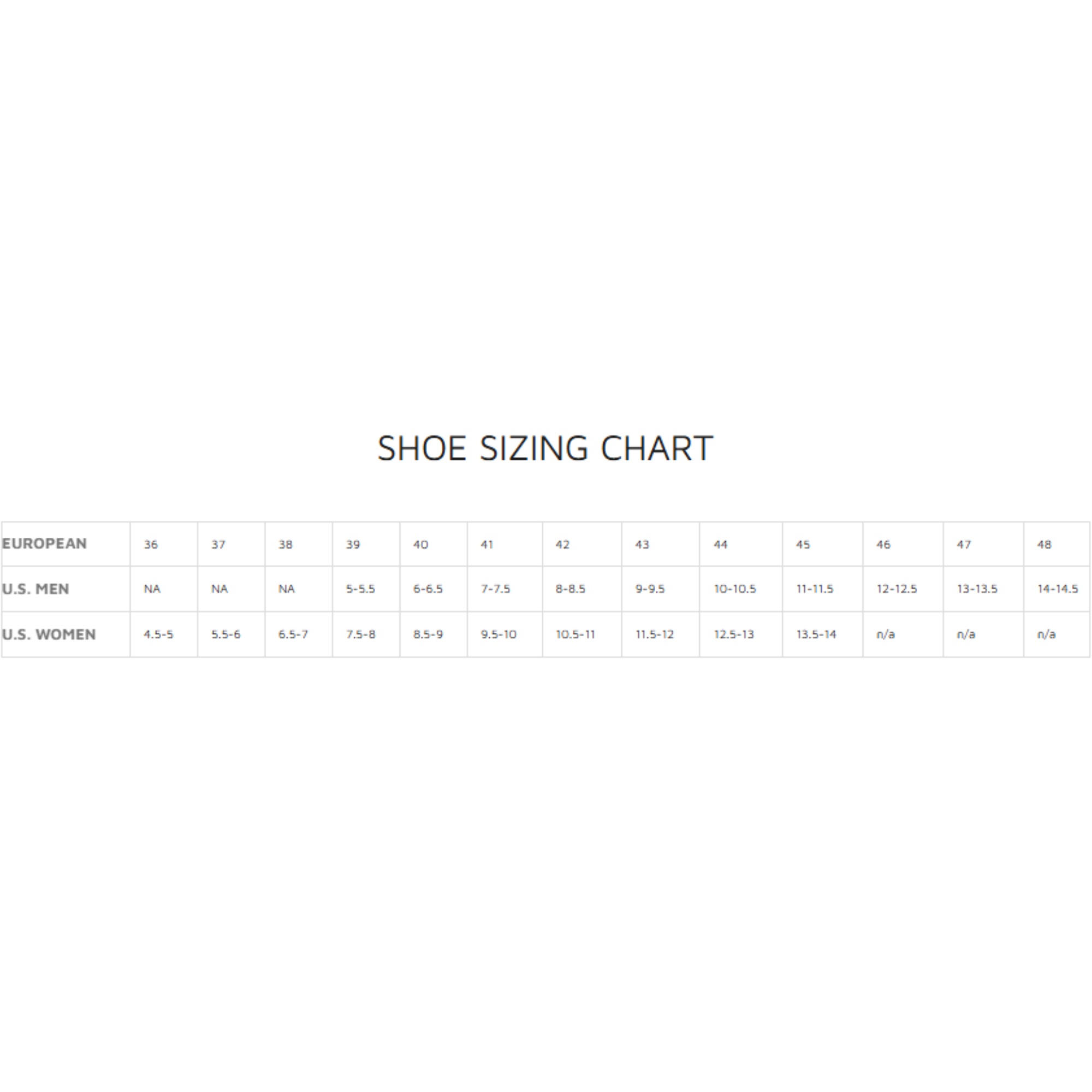A shoe sizing chart or size guide from Everyday Motorsports. all-groups
