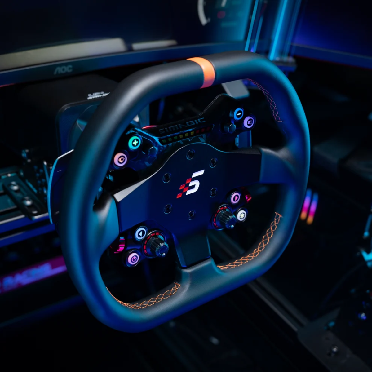 The Simagic Neo X 310G GT Steering Wheel used in a full motion sim racing rig.