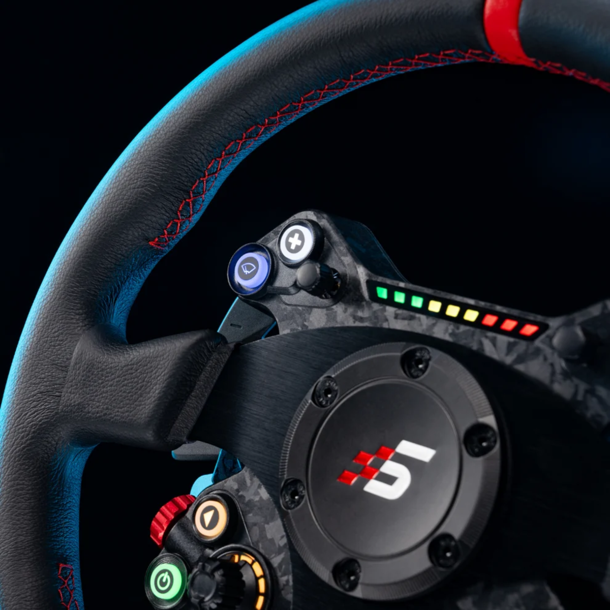 The Simagic Neo X 330R Classic Steering Wheel close up in a lifestyle photograph.