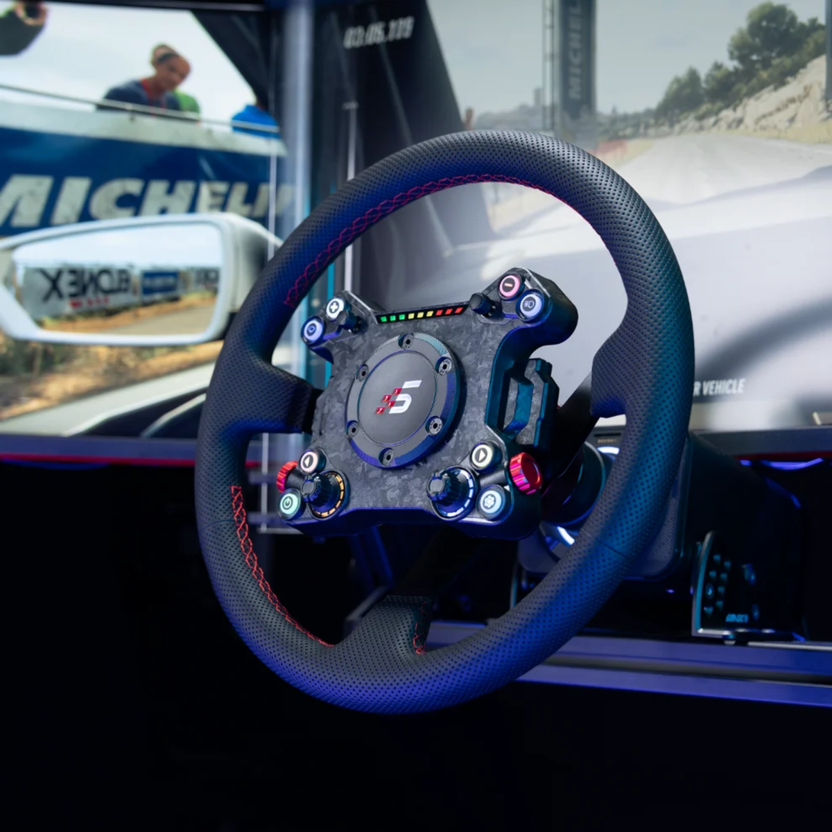The Simagic Neo X 350W Drift Steering Wheel used on a full motion sim rig for drifting.