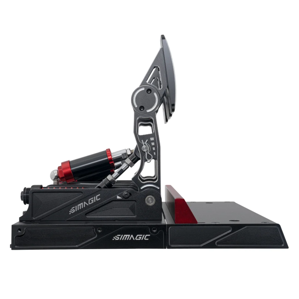 The Simagic P1000 Pedal Set 3 pedals standard from the side.