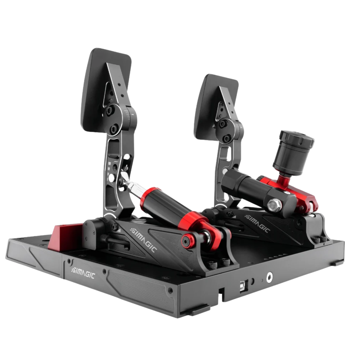 The Simagic P1000 RS Hydraulic Pedal Set 2 pedal formula set from the back.