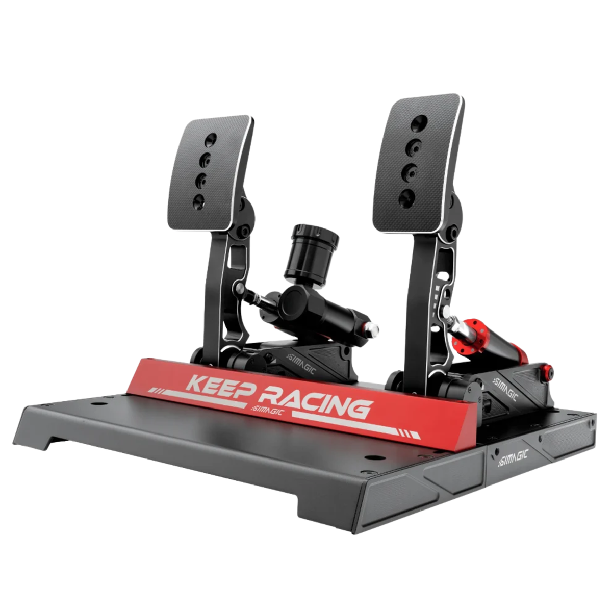 The Simagic P1000 RS Hydraulic Pedal Set 2 pedal formula set from the side.