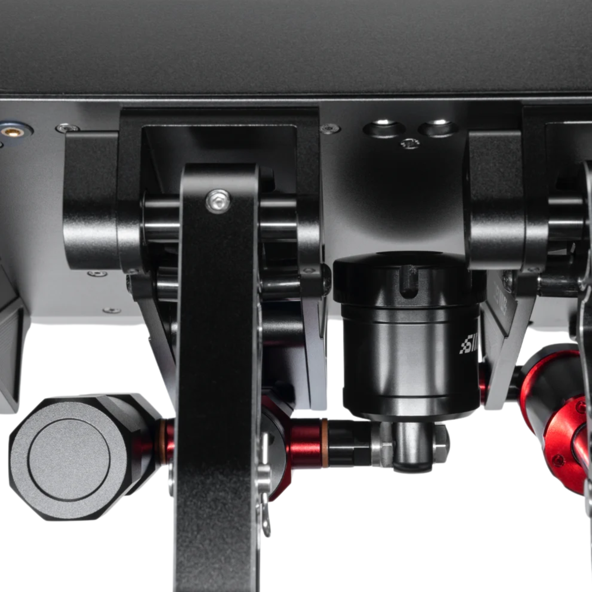 The Simagic P1000 RS Hydraulic Pedal Set close up showing the hydraulics.