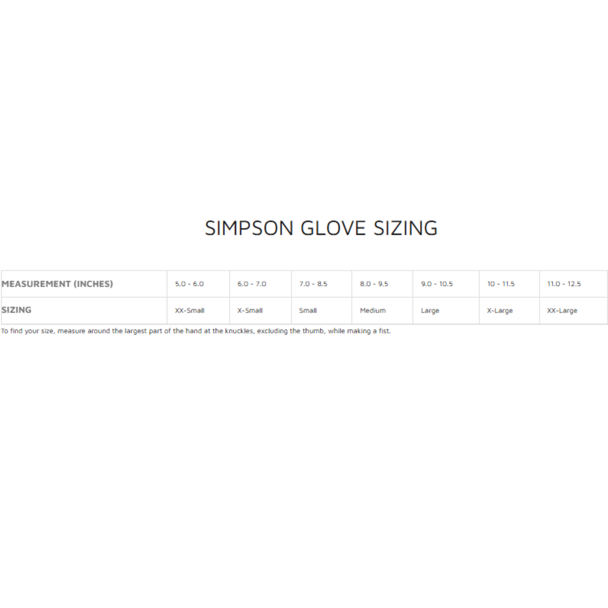The size chart for Simpson racing gloves. all-groups