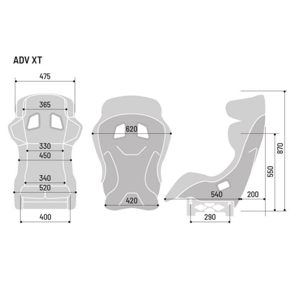The dimensions of the Sparco ADV XT FIA 8862-2009 Racing Seat.