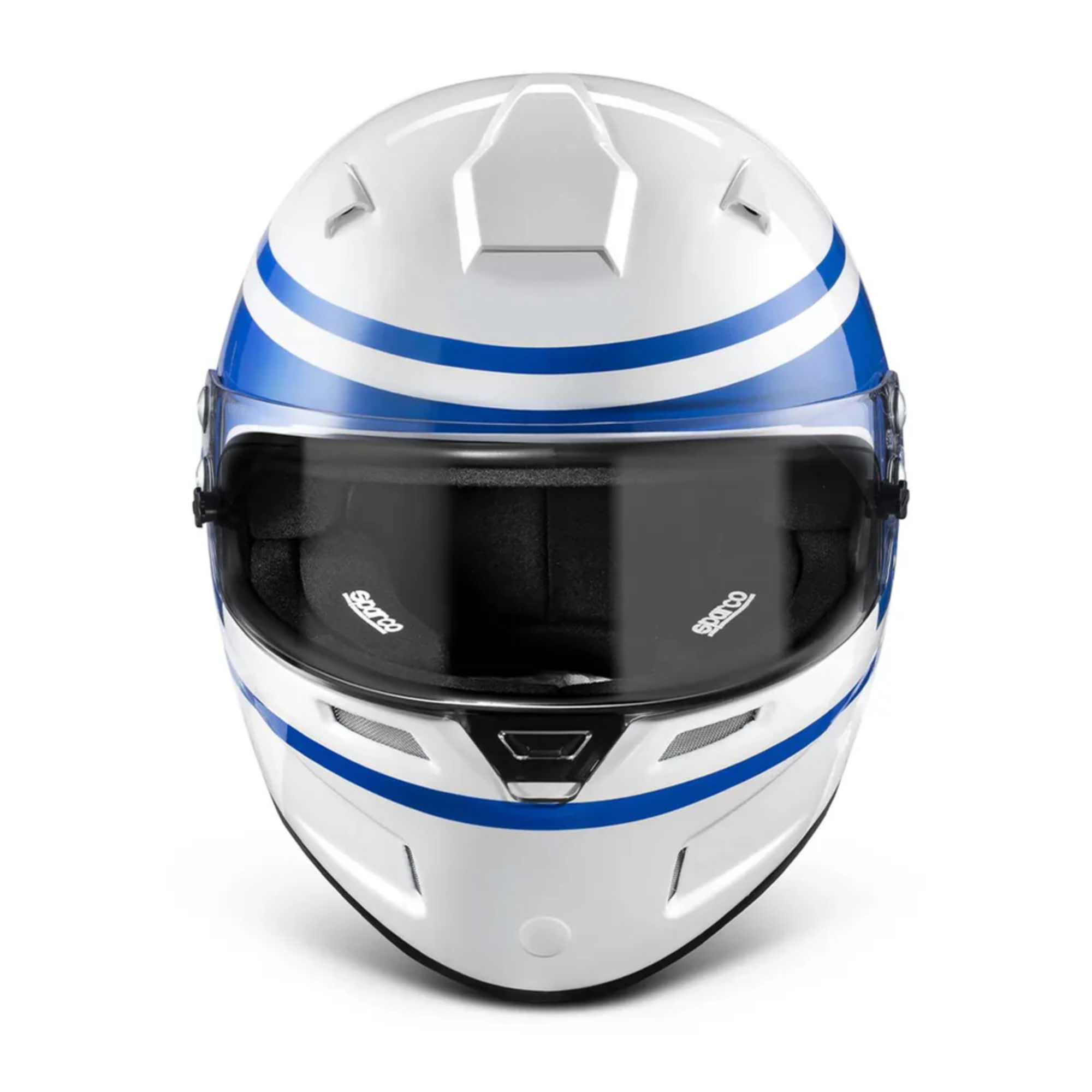 The front of the white and blue Sparco Air Pro 1977 RF-5W SA2020 Helmet from Sparco.