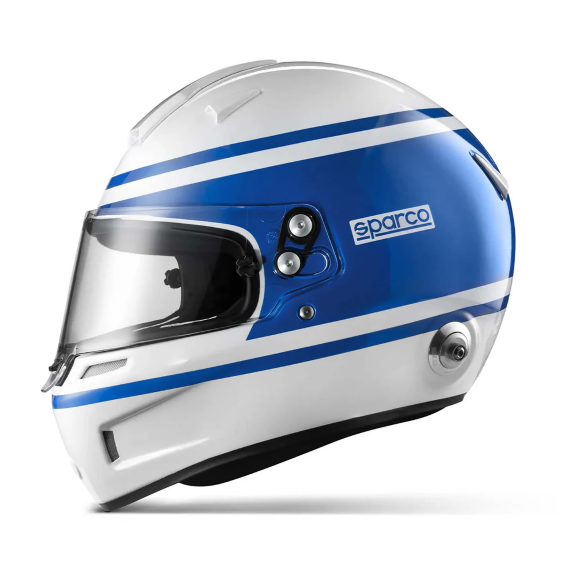The side of the white and blue Sparco Air Pro 1977 RF-5W SA2020 Helmet from Sparco.