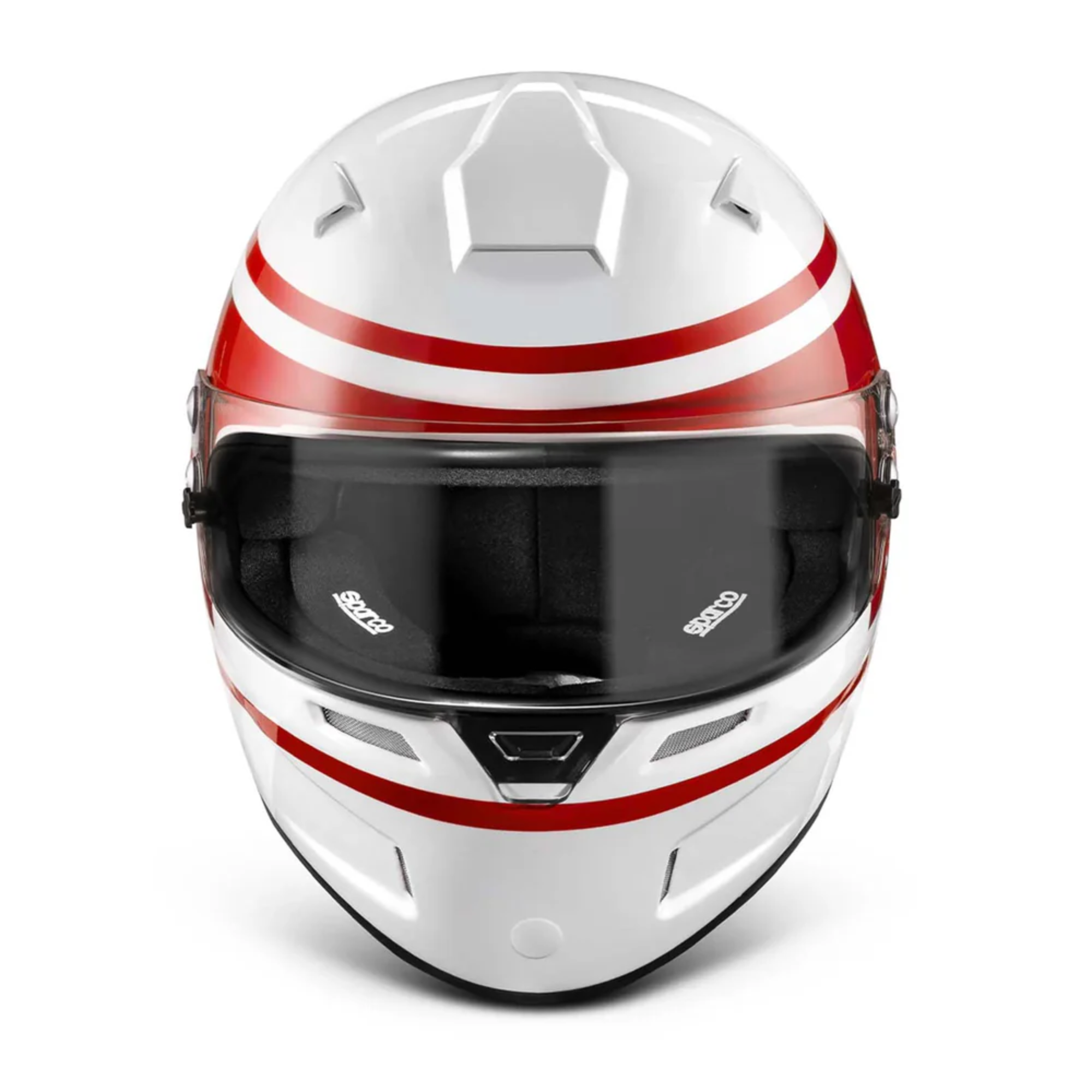 The front of the white and red Sparco Air Pro 1977 RF-5W SA2020 Helmet from Sparco.