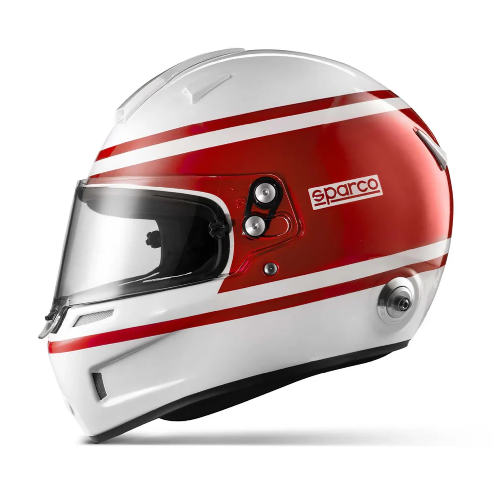 The side of the white and red Sparco Air Pro 1977 RF-5W SA2020 Helmet from Sparco.