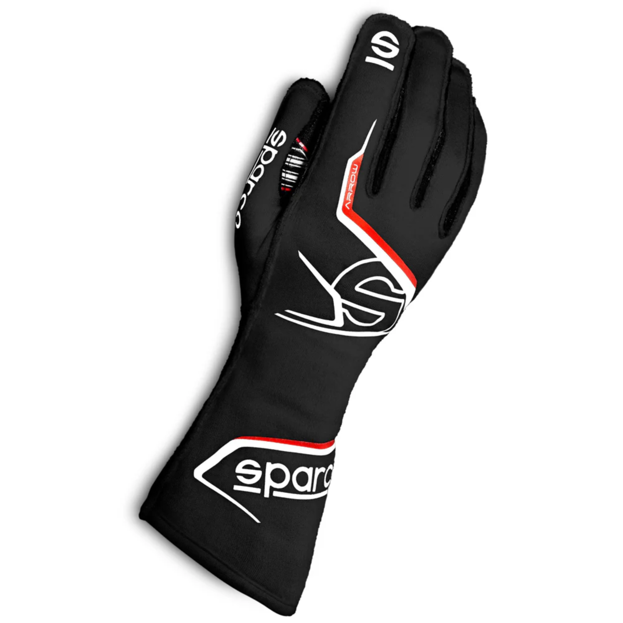 The black and red Sparco Arrow Fire Resistant Racing Gloves - FIA 8856-2018, SFI 3.2a/5.