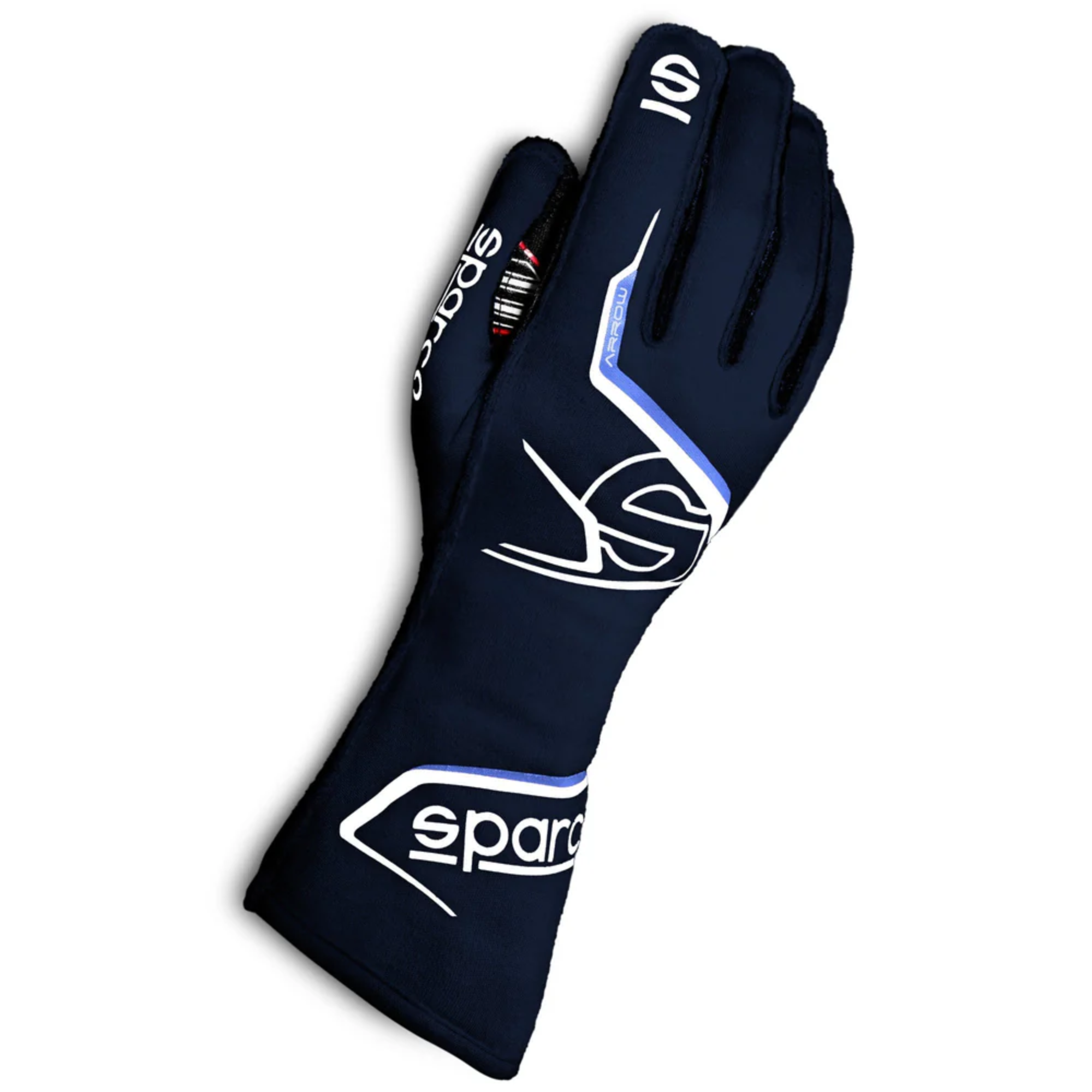 The navy and white Sparco Arrow Fire Resistant Racing Gloves - FIA 8856-2018, SFI 3.2a/5.