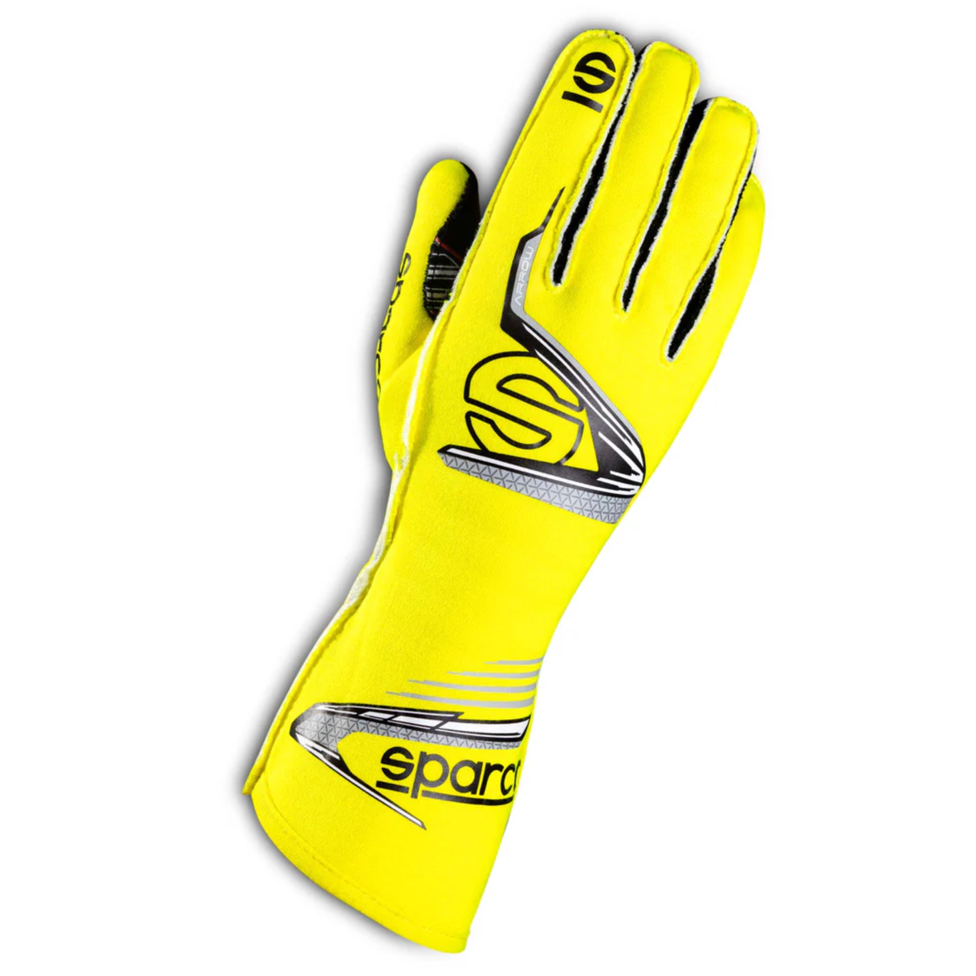 The yellow and black Sparco Arrow Fire Resistant Racing Gloves - FIA 8856-2018, SFI 3.2a/5.
