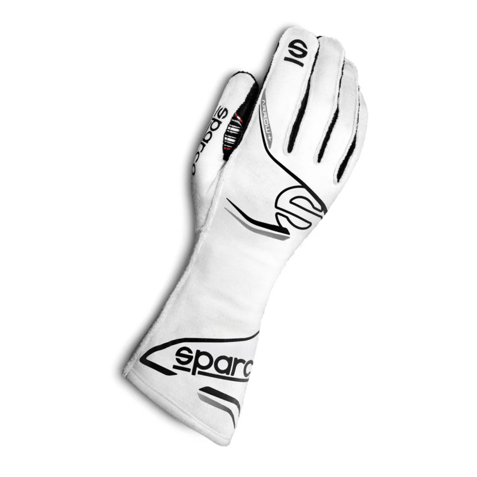 The white and black Sparco Arrow+ Racing Gloves.