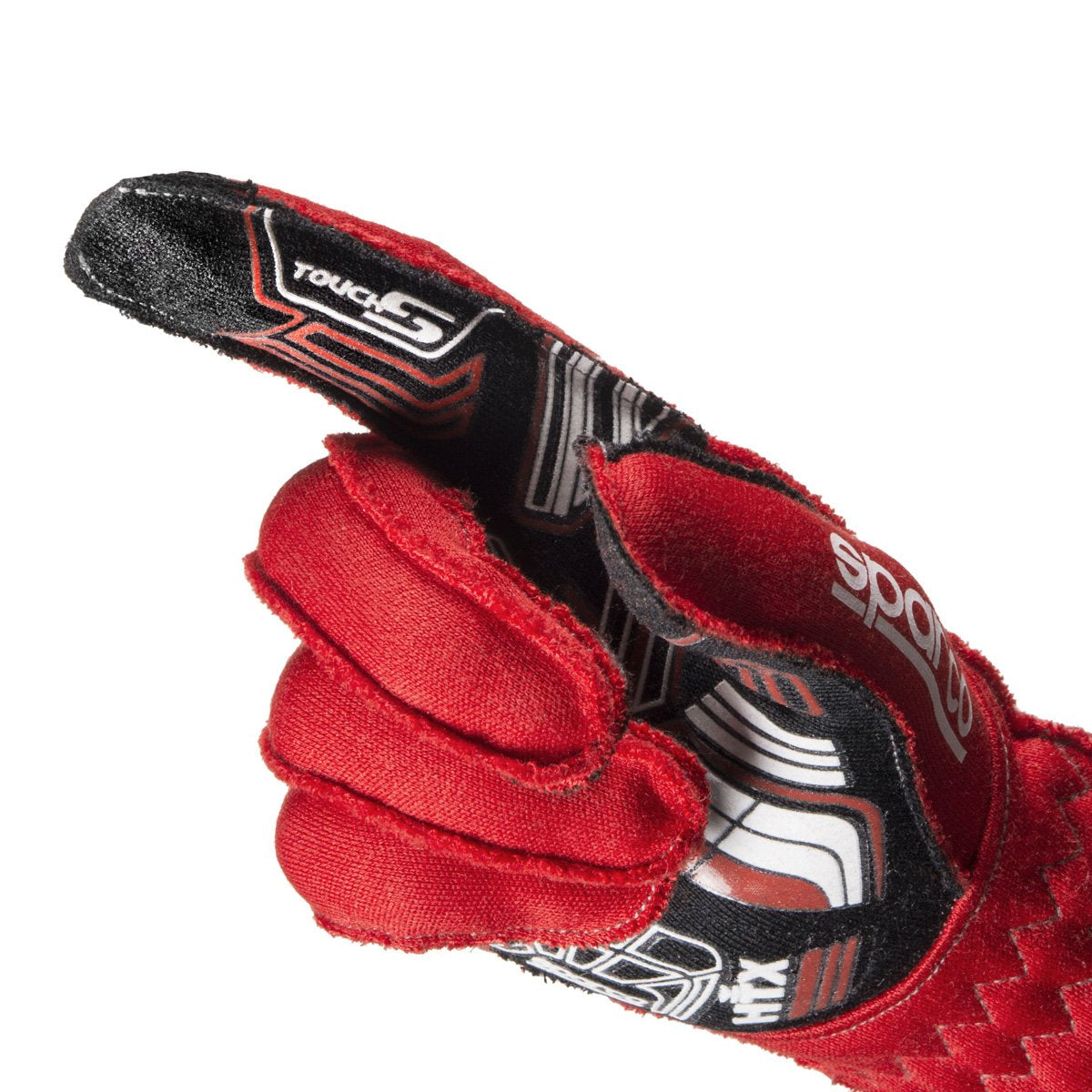 The red Sparco Arrow RG-7 Evo Racing Gloves close up, showing the silicone finger grip.