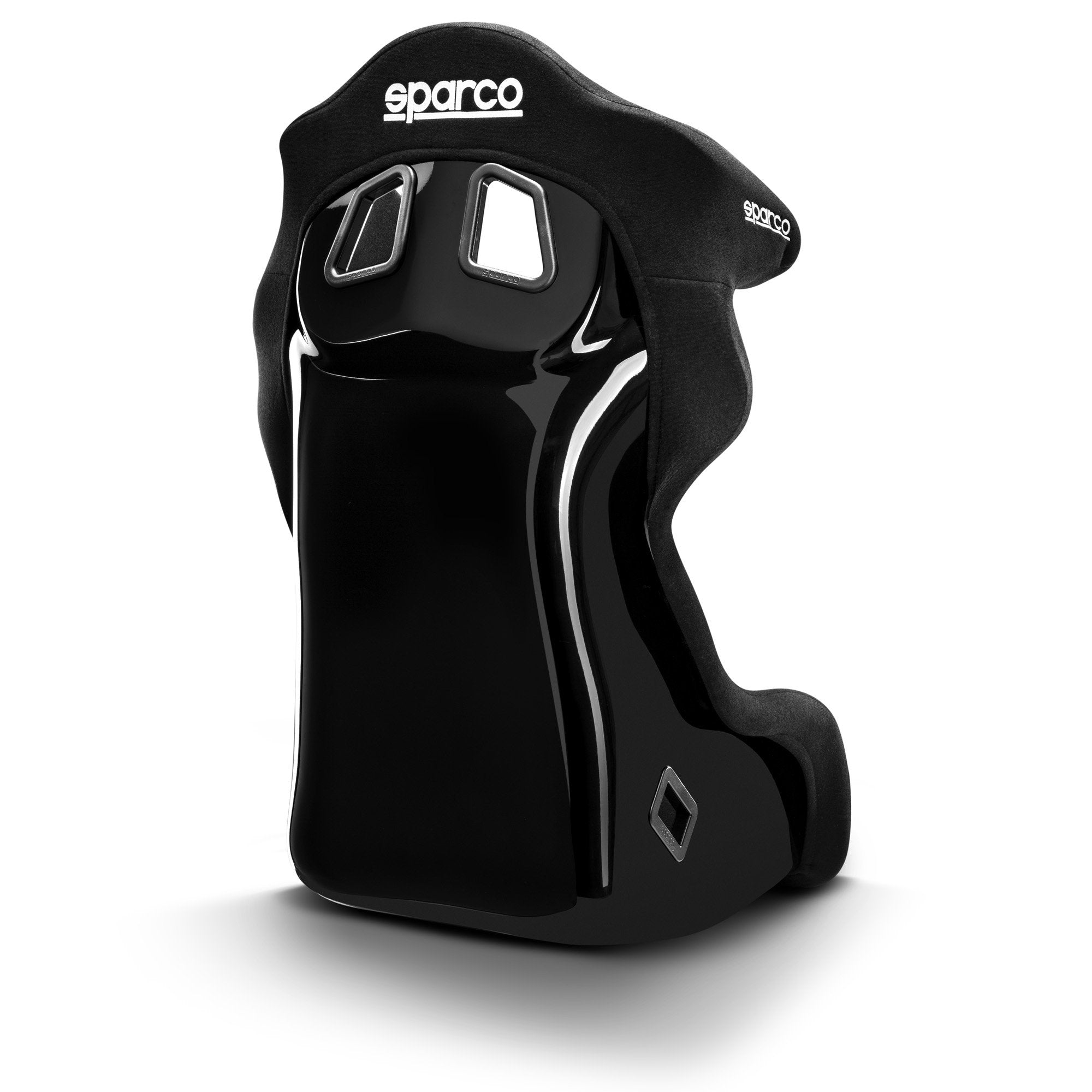 The back of the black Sparco Circuit II QRT Fiberglass Racing Seat at an angle.