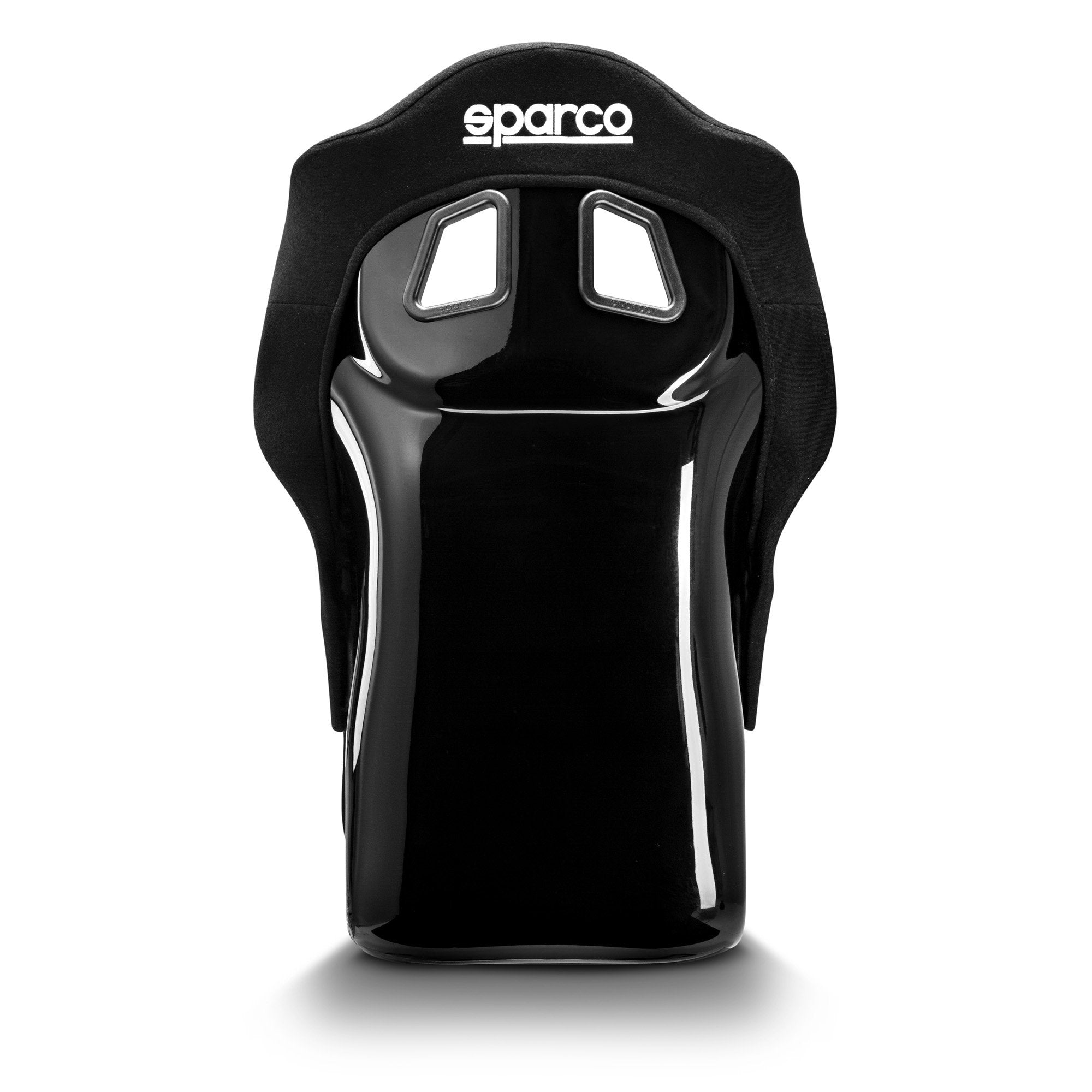 The back of the black Sparco Circuit II QRT Fiberglass Racing Seat.